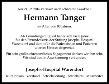 Anzeige von Hermann Tanger von Westfälische Nachrichten