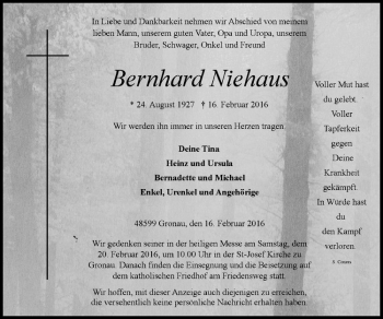Anzeige von Bernhard Niehaus von Westfälische Nachrichten