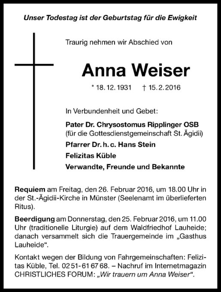  Traueranzeige für Anna Weiser vom 23.02.2016 aus Westfälische Nachrichten