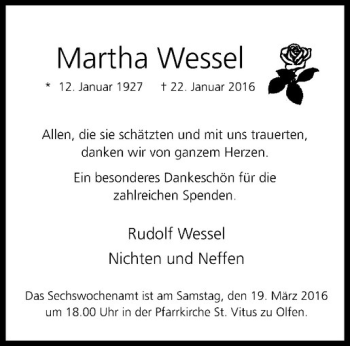 Anzeige von Martha Wessel von Westfälische Nachrichten