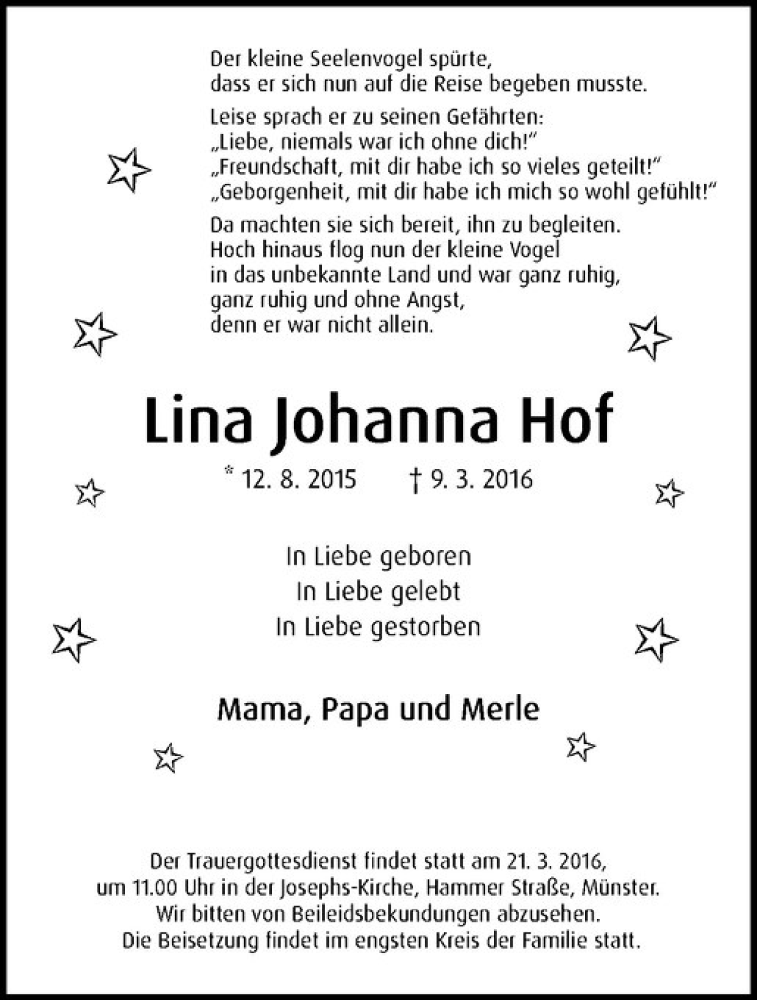  Traueranzeige für Lina Johanna Hof vom 16.03.2016 aus Westfälische Nachrichten