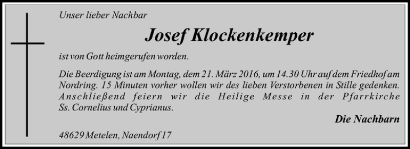  Traueranzeige für Josef Klockenkemper vom 19.03.2016 aus Westfälische Nachrichten