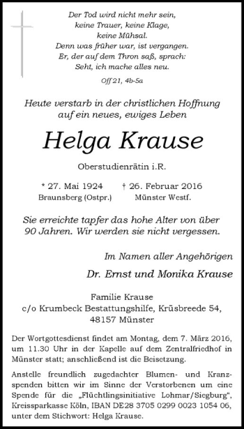 Anzeige von Helga Krause von Westfälische Nachrichten