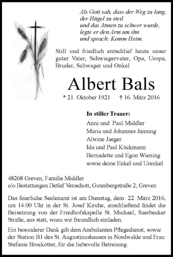 Anzeige von Albert Bals von Westfälische Nachrichten