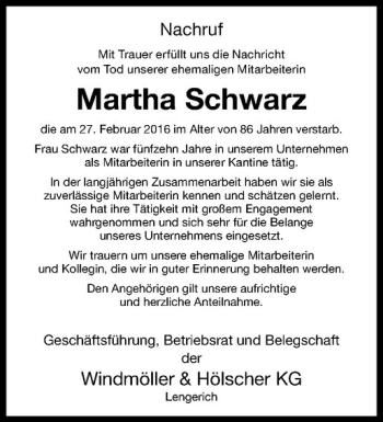 Anzeige von Martha Schwarz von Westfälische Nachrichten