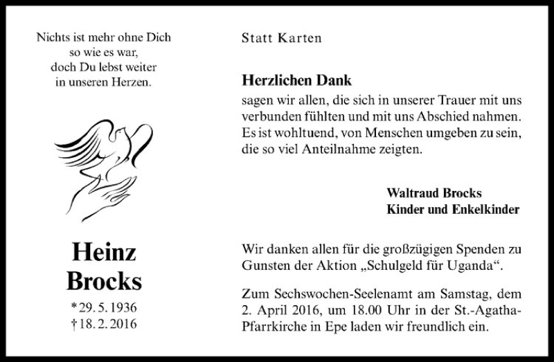  Traueranzeige für Heinz Brocks vom 25.03.2016 aus Westfälische Nachrichten