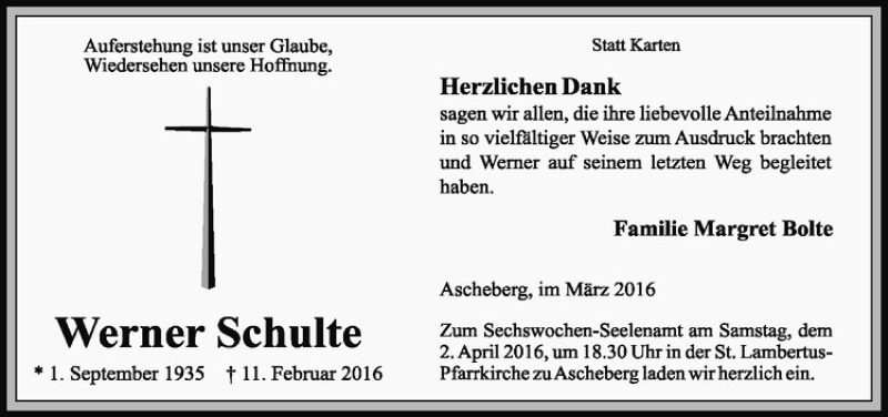  Traueranzeige für Werner Schulte vom 25.03.2016 aus Westfälische Nachrichten