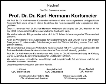 Anzeige von Karl-Hermann Korfsmeier von Westfälische Nachrichten