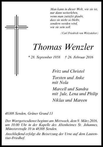 Anzeige von Thomas Wenzler von Westfälische Nachrichten