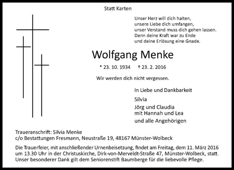  Traueranzeige für Wolfgang Menke vom 05.03.2016 aus Westfälische Nachrichten