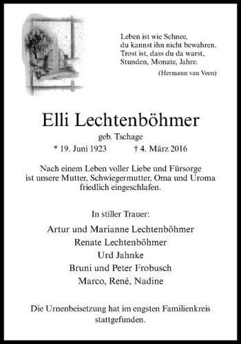 Anzeige von Elli Lechtenböhmer von Westfälische Nachrichten