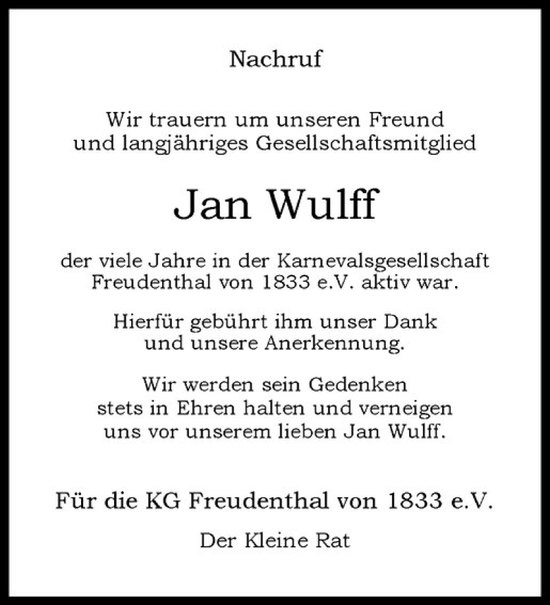 Traueranzeige für Jan Wulff vom 05.03.2016 aus Westfälische Nachrichten