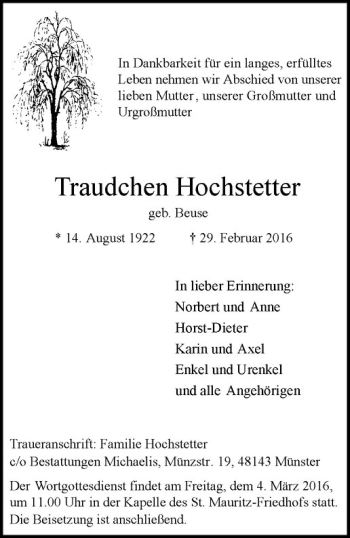 Anzeige von Traudchen Hochstetter von Westfälische Nachrichten