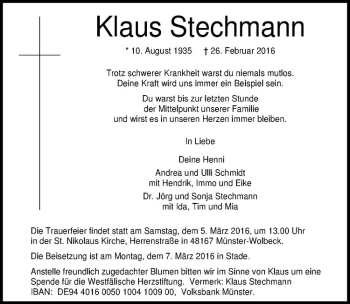 Anzeige von Klaus Stechmann von Westfälische Nachrichten