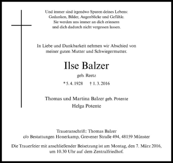 Anzeige von Ilse Balzer von Westfälische Nachrichten