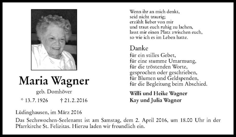  Traueranzeige für Maria Wagner vom 31.03.2016 aus Westfälische Nachrichten