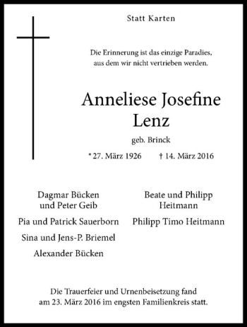 Anzeige von Anneliese Josefine Lenz von Westfälische Nachrichten