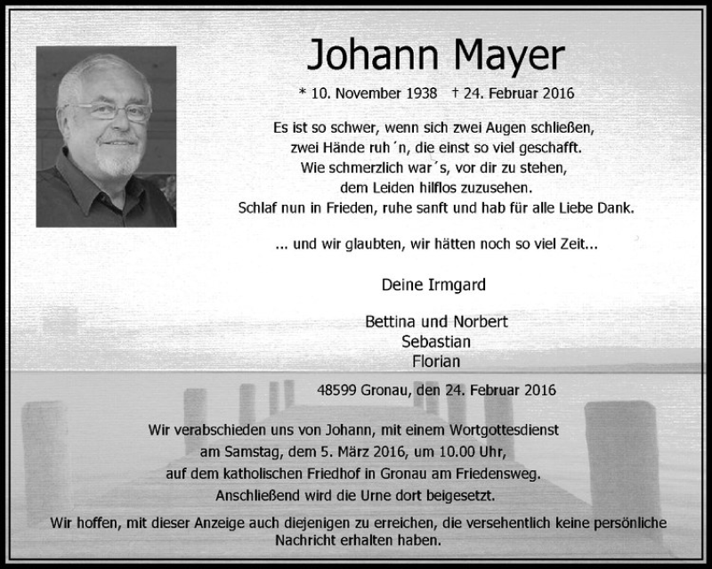  Traueranzeige für Johann Mayer vom 02.03.2016 aus Westfälische Nachrichten