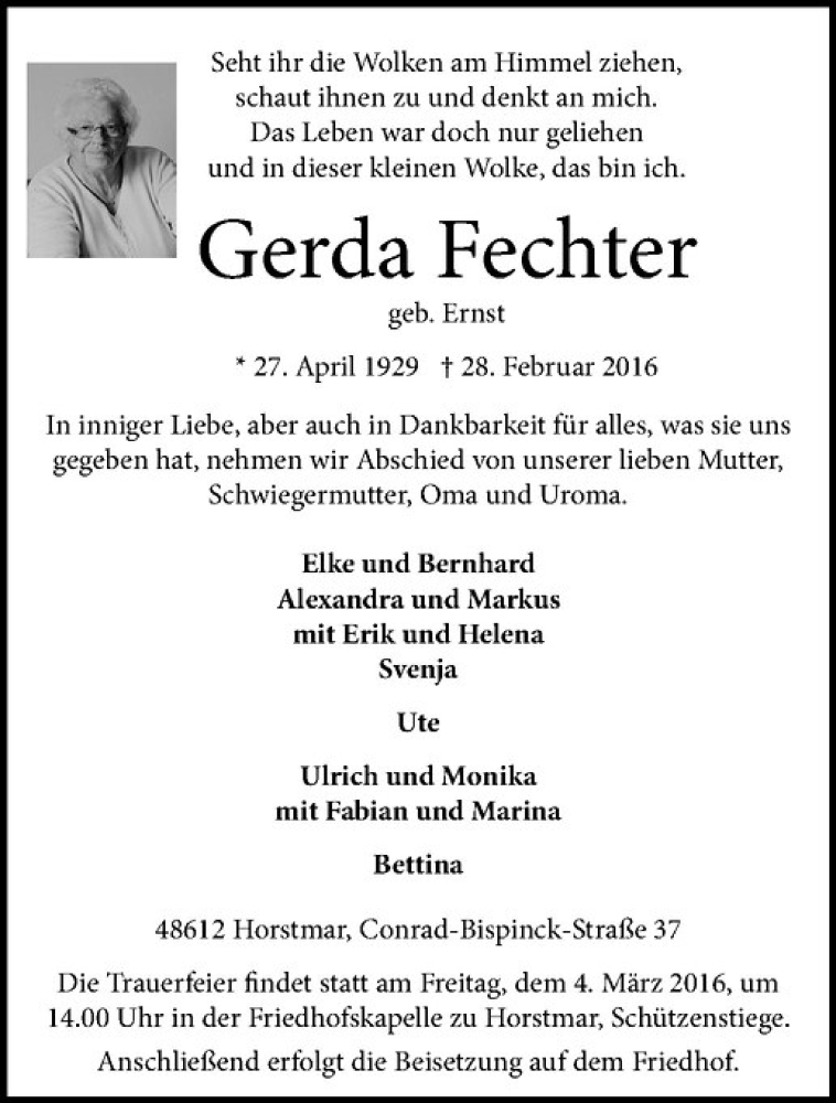  Traueranzeige für Gerda Fechter vom 02.03.2016 aus Westfälische Nachrichten