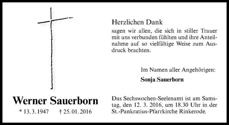  Traueranzeige für Werner Sauerborn vom 09.03.2016 aus Westfälische Nachrichten