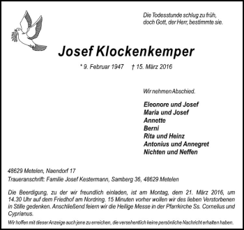 Anzeige von Josef Klockenkemper von Westfälische Nachrichten