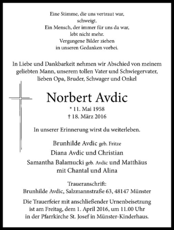 Anzeige von Norbert Avdic von Westfälische Nachrichten