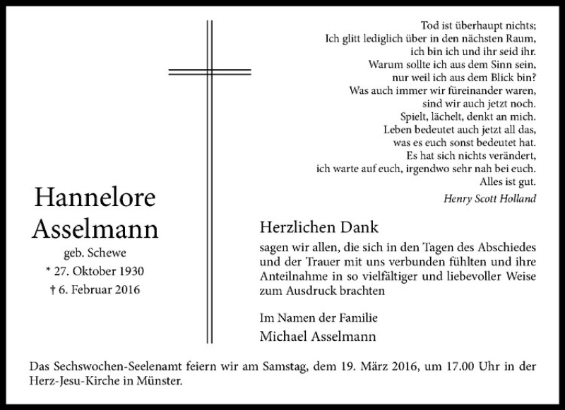  Traueranzeige für Hannelore Asselmann vom 12.03.2016 aus Westfälische Nachrichten