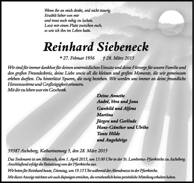  Traueranzeige für Reinhard Siebeneck vom 31.03.2015 aus Westfälische Nachrichten