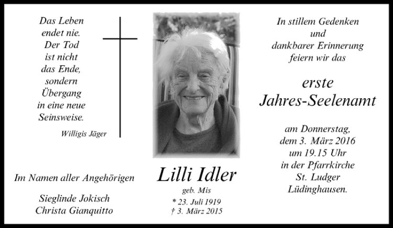  Traueranzeige für Ludmilla Idler vom 01.03.2016 aus Westfälische Nachrichten