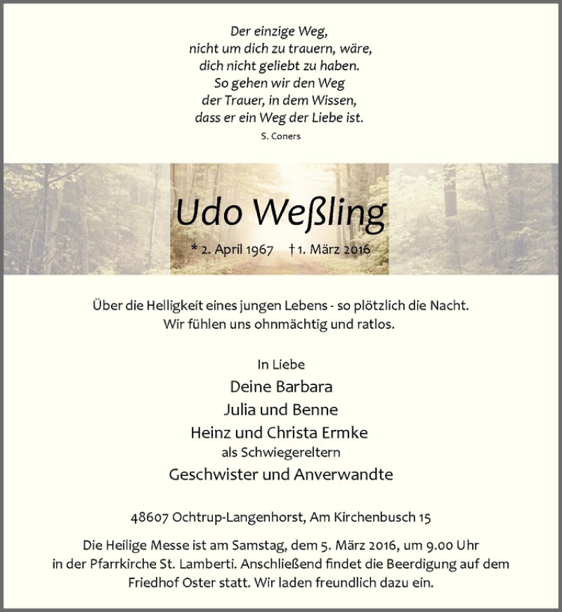  Traueranzeige für Udo Weßling vom 03.03.2016 aus Westfälische Nachrichten