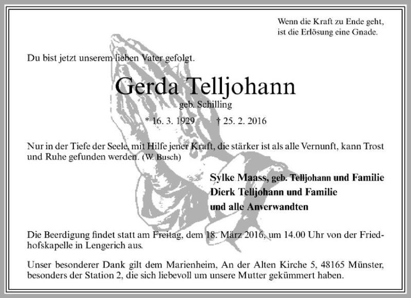  Traueranzeige für Gerda Telljohann vom 12.03.2016 aus Westfälische Nachrichten