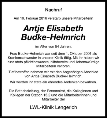 Anzeige von Antje Elisabeth Budke-Helmrich von Westfälische Nachrichten