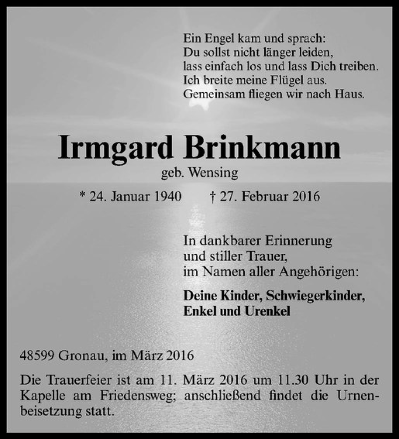  Traueranzeige für Irmgard Brinkmann vom 10.03.2016 aus Westfälische Nachrichten