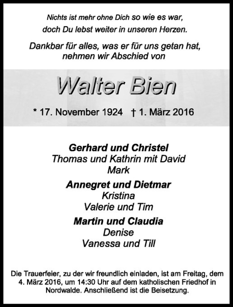  Traueranzeige für Walter Bien vom 03.03.2016 aus Westfälische Nachrichten