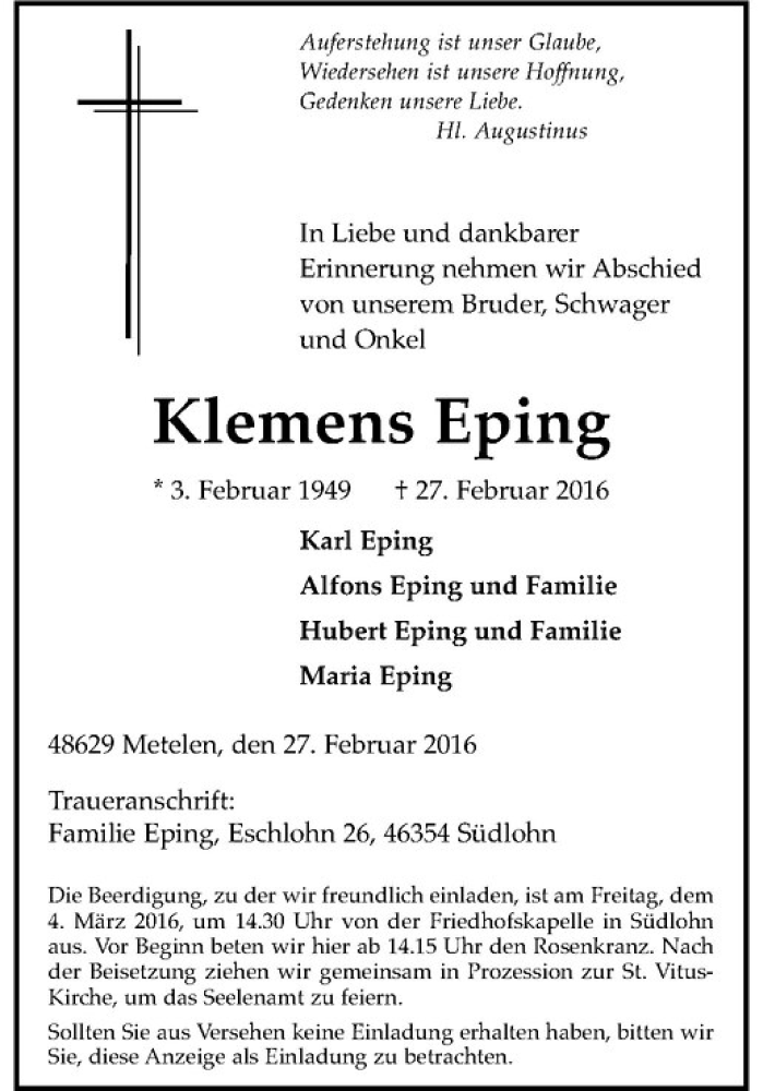  Traueranzeige für Klemens Eping vom 02.03.2016 aus Westfälische Nachrichten