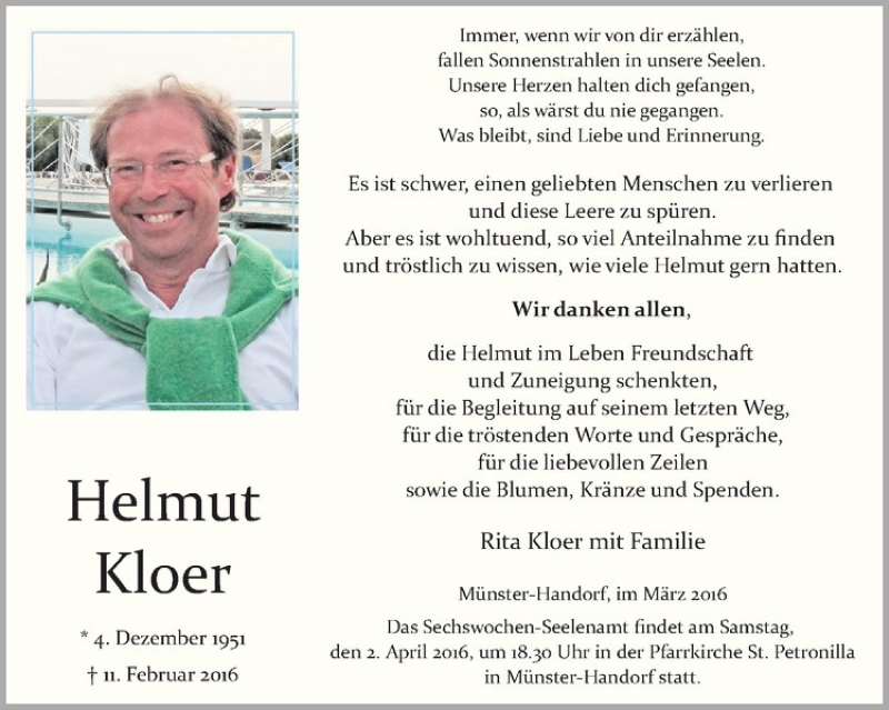  Traueranzeige für Helmut Kloer vom 25.03.2016 aus Westfälische Nachrichten