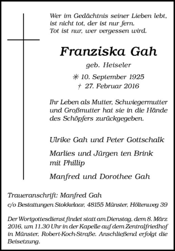 Anzeige von Franziska Gah von Westfälische Nachrichten
