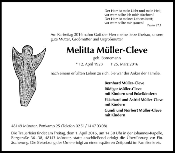 Anzeige von Melitta Müller-Cleve von Westfälische Nachrichten