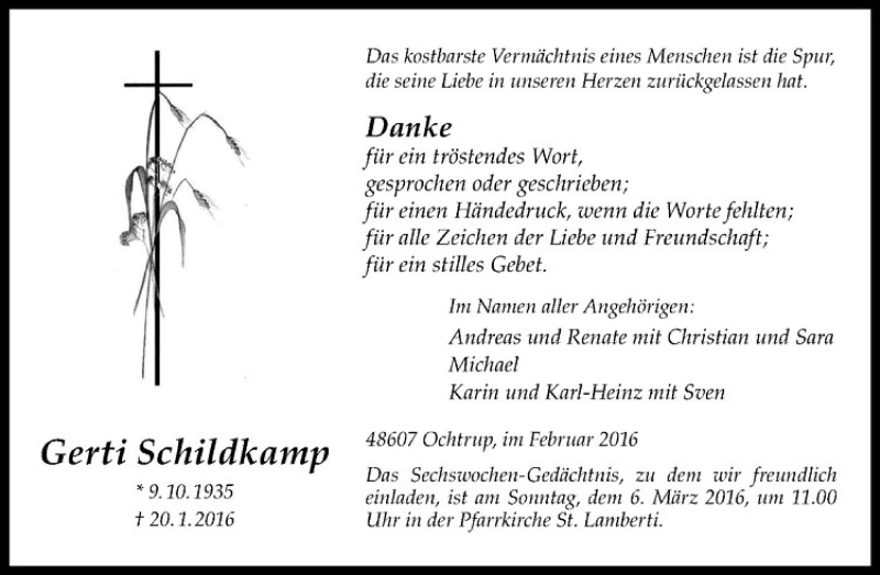  Traueranzeige für Gerti Schildkamp vom 02.03.2016 aus Westfälische Nachrichten