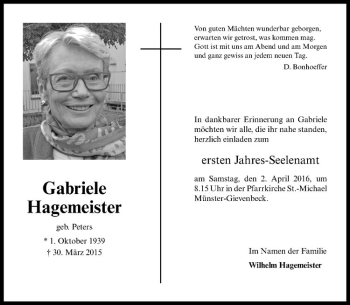 Anzeige von Gabriele Hagemeister von Westfälische Nachrichten