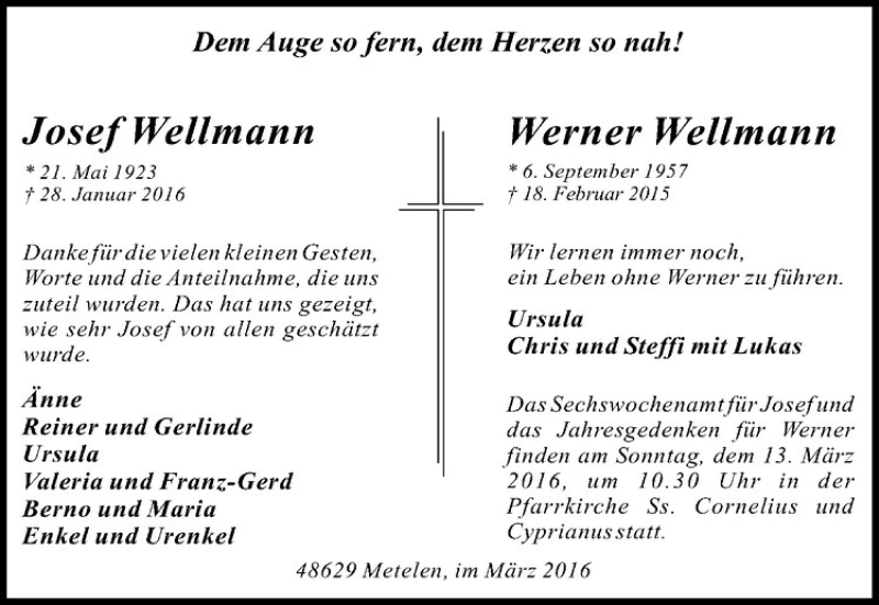  Traueranzeige für Josef Wellmann vom 09.03.2016 aus Westfälische Nachrichten