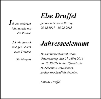 Anzeige von Else Druffel von Westfälische Nachrichten