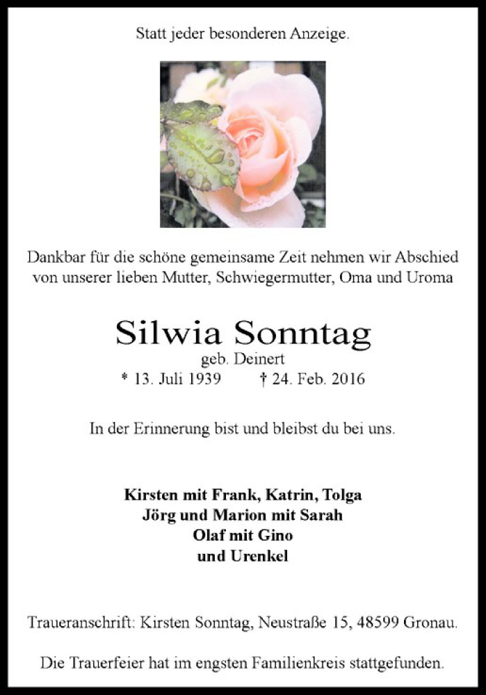  Traueranzeige für Silwia Sonntag vom 04.03.2016 aus Westfälische Nachrichten