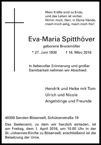 Anzeige von Eva-Maria Spitthöver von Westfälische Nachrichten
