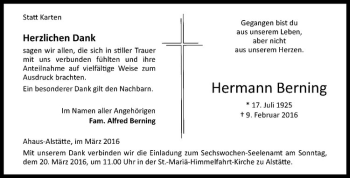 Anzeige von Hermann Berning von Westfälische Nachrichten