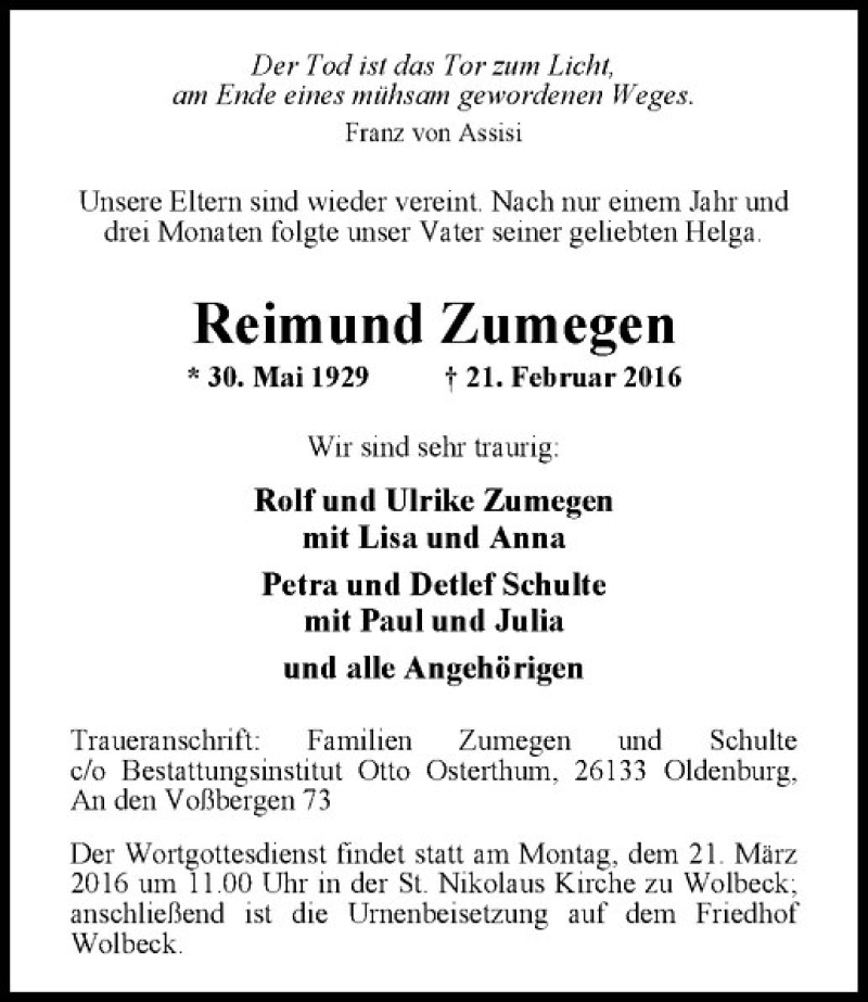  Traueranzeige für Reimund Zumegen vom 14.03.2016 aus Westfälische Nachrichten