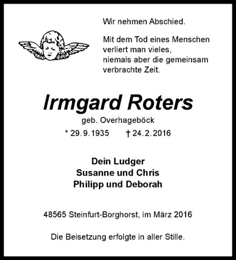  Traueranzeige für Irmgard Roters vom 07.03.2016 aus Westfälische Nachrichten