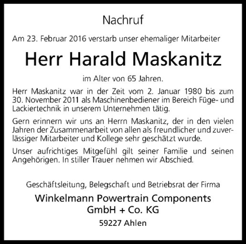  Traueranzeige für Harald Maskanitz vom 05.03.2016 aus Westfälische Nachrichten