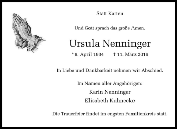 Anzeige von Ursula Nenninger von Westfälische Nachrichten