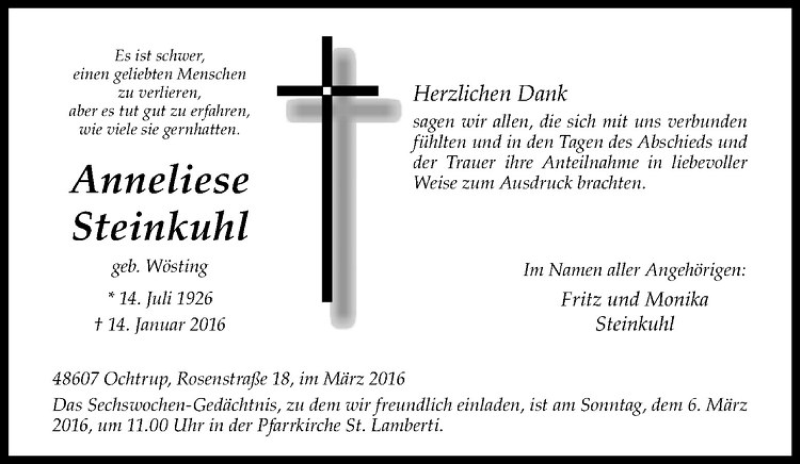  Traueranzeige für Anneliese Steinkuhl vom 02.03.2016 aus Westfälische Nachrichten